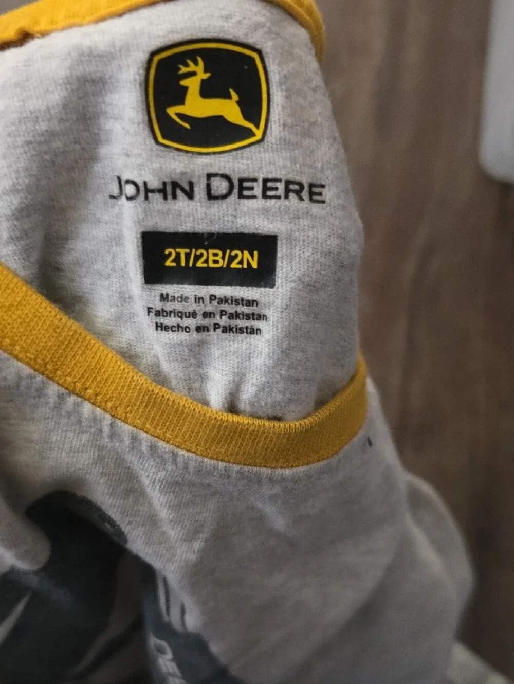 John Deere Gray Tee with Yellow Excavator Graphic and Navy Sleeves